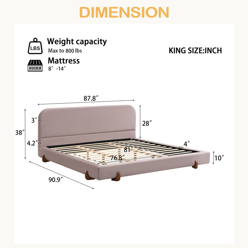 Unique Design,Solid Wood Legs Upholstered Bed Frame,King, Pink