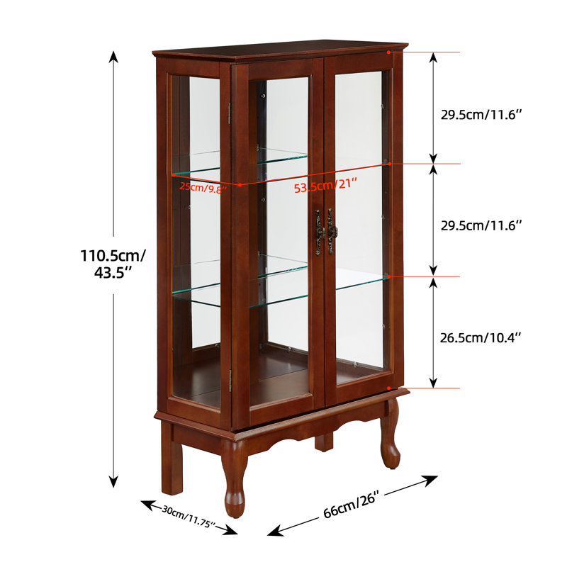 44'' H Lighted Retro China Cabinet, With 2 Tempered Glass Doors And 3-Tier Curio Cabinet Display Cabinet , Cherry