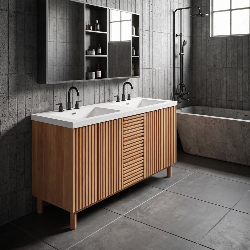 Meuble-lavabo autoportant avec double lavabo en résine SMC, 3 tiroirs, tablettes en U et poignées cachées