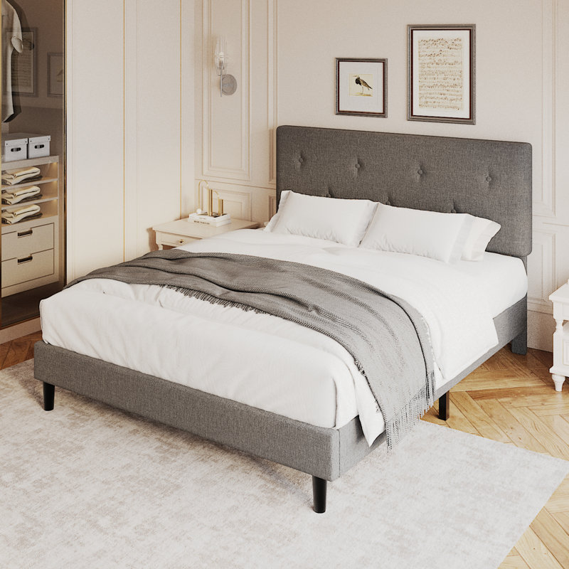 Cadre de lit grand format en lin, cadre de lit plateforme tapissier avec tête de lit réglable, support de lattes en bois, aucun sommier requis, assemblage facile, gris