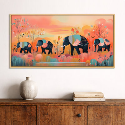 Famille d'éléphants noirs oranges au coucher du soleil II - décor mural noir, impressions encadrées chaleureuses