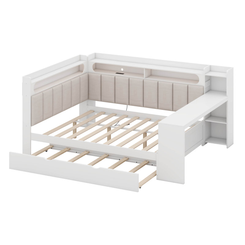 Full Size Upholstered Daybed With Trundle Andled, Corner Bed With Trundle, White/Beige
