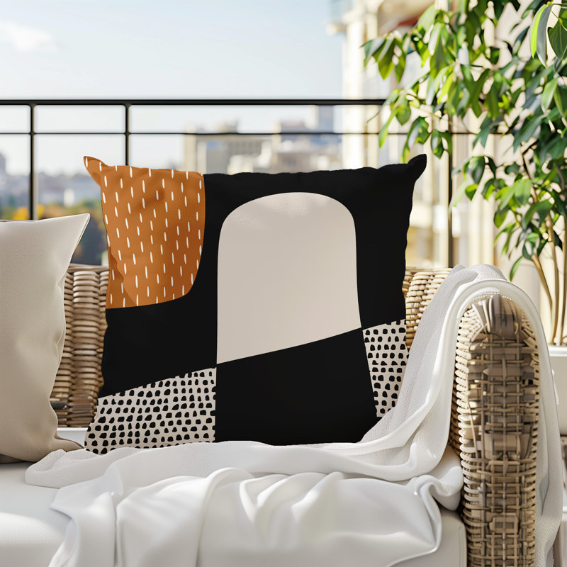 Coussin carré intérieur / extérieur pia, H 15 po x l 15 po, Orange brûlé / noir / blanc cassé