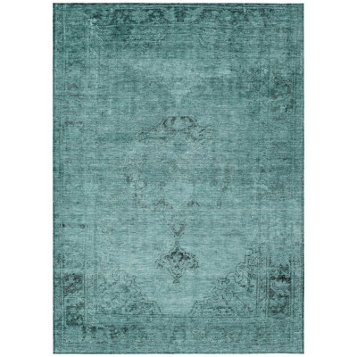 Tapis extérieur lavable bleu sarcelle et anthracite oriental oriental 5 pi x 8 pi bleu sarcelle