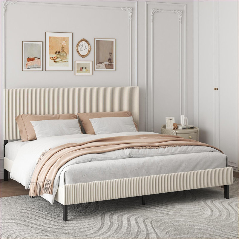For Master Or Guest Bedroom, King Size Bed Frame Simple Elegant Neutral Beige Metal Construction with Headboard