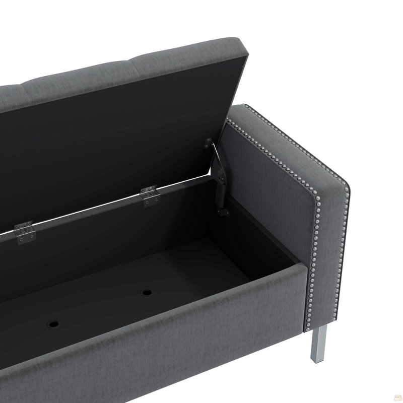 Banc repose-pieds carré avec accoudoirs carrés et garniture cloutée en velours moelleux gris anthracite