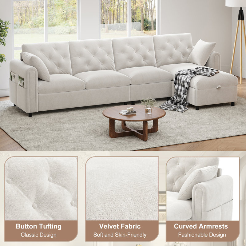 4 Seater Velvet Sofa & Chaise, Beige Velvet