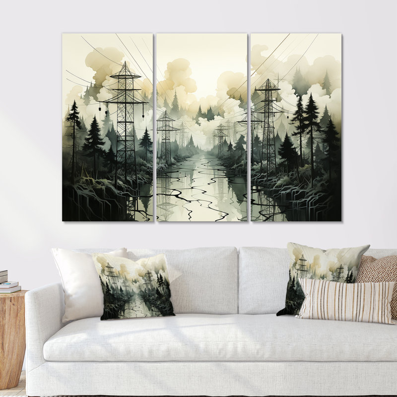 «Stormy Edges Power Lines Fog Mountains», ensemble d'art sur toile, Toile tendue, H 28 po x l 36 po x P 1 po