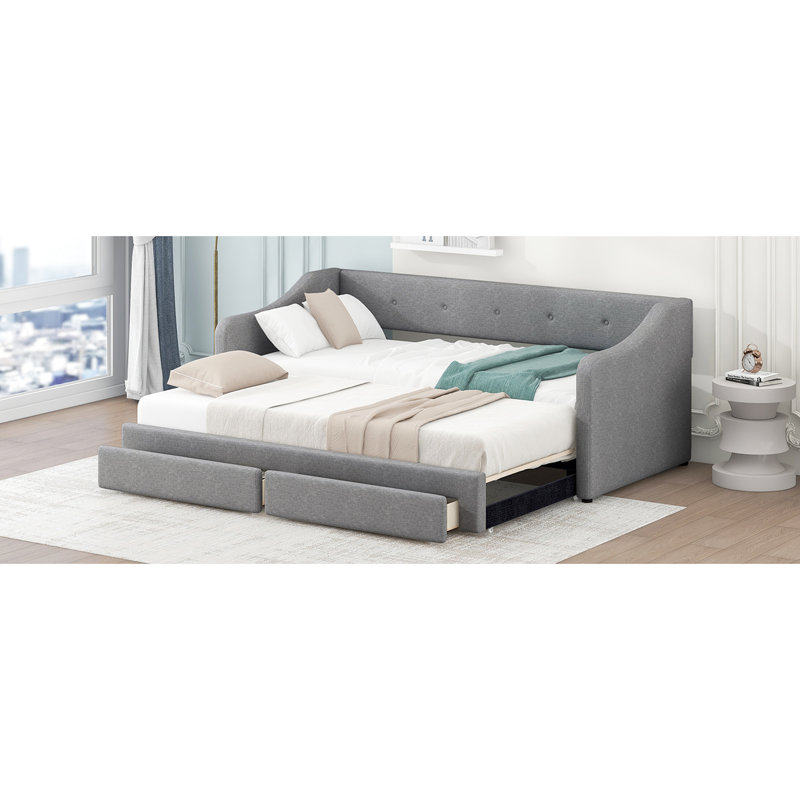 Lit de jour rembourré gris de taille simple TG à très grand lit avec 2 tiroirs - Lit chic et fonctionnel pour tous les tiroirs de la pièce, espace attrayant et confortable