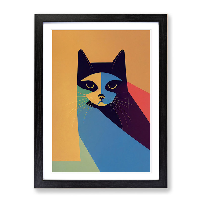 Colourful Cat No.1 Abstract - Single Picture Frame Painting, Black, 34cm H x 25cm W x 2cm D