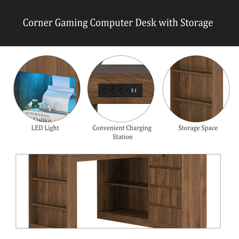 L Shaped Desk With Charger,Computer Desk With Drawers,Bookshelf, With LED Light,Modern Corner Desk,Home Office Desk,L-Shaped Study Table Writing Desk,Corner Gaming Computer Desk With Storage