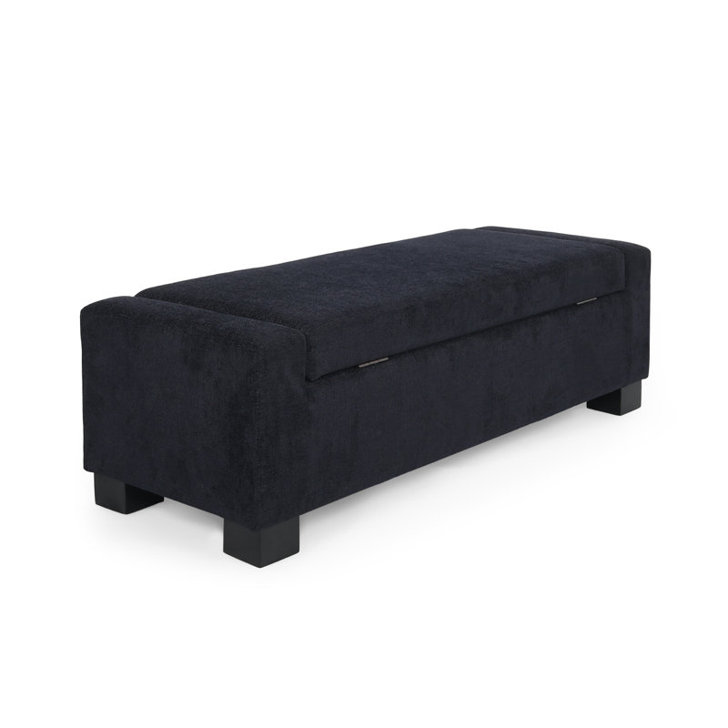 50" Ottoman Bench In Textured Fabric, Rectangular Design With Hinged Lid For Seating, Footrest, And Hidden Storage, Dark Blue
