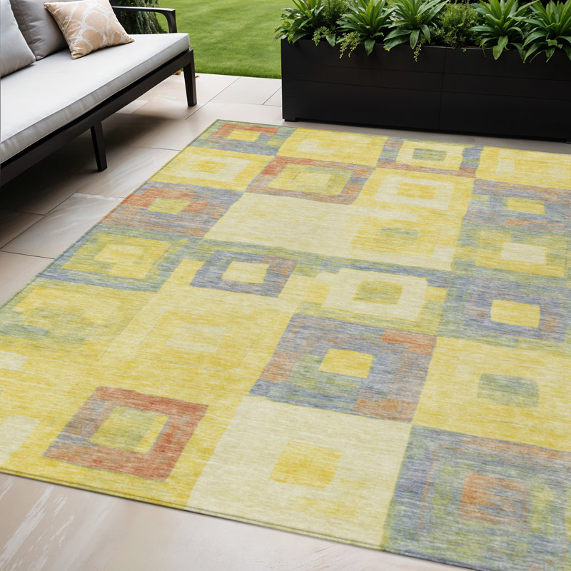 Tapis extérieur lavable à motif géométrique jaune et bleu terre 5 pi x 8 pi