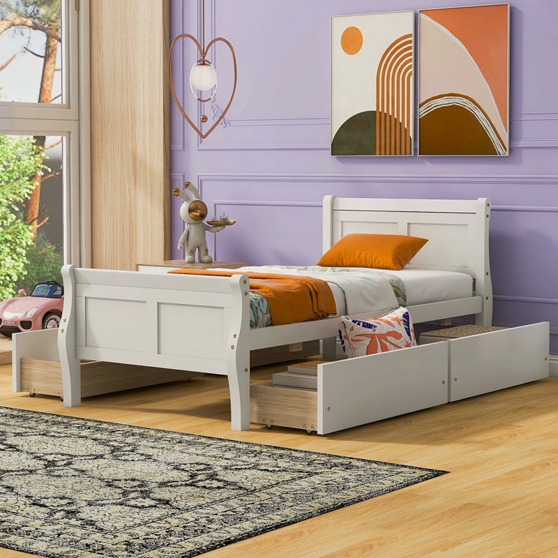 Lit plateforme en bois avec 4 tiroirs et tête et pied de lit profilés, Lit simple