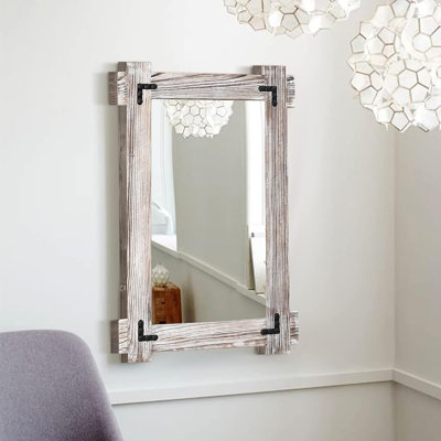 Farmhouse Rustic Wood Framed Bathroom Mirror, Decorative Wall Mounted Rectangular Mirror For Bedroom, Living Room, Or Bathroom, 24X36 Inch