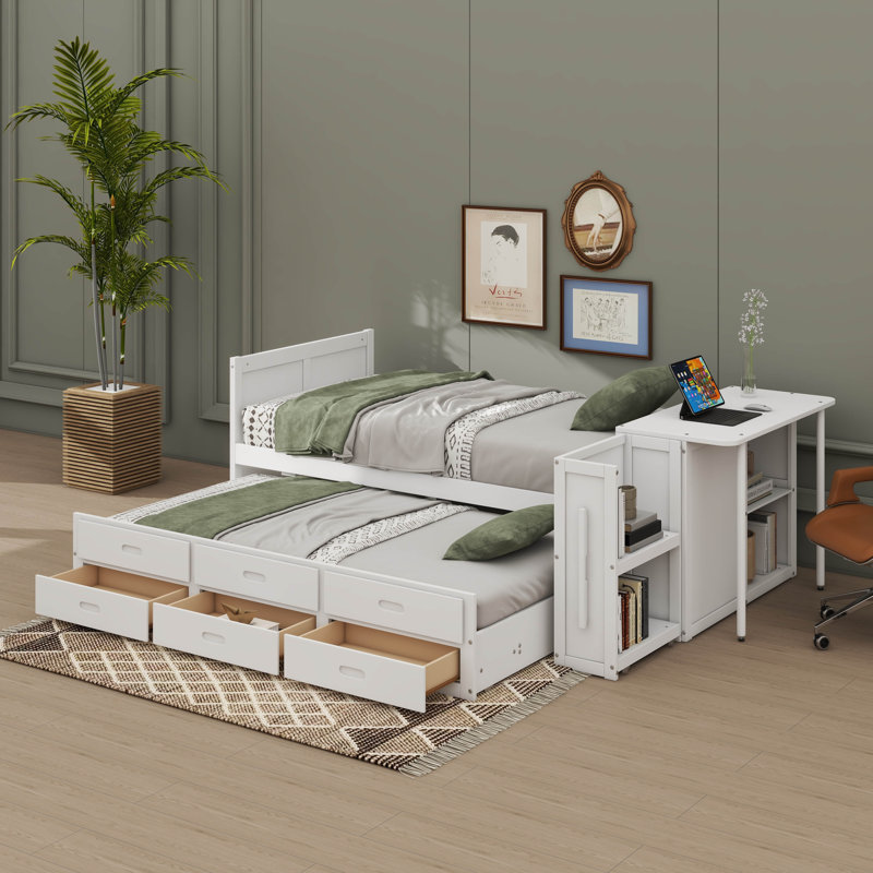 Twin-Size Wood Platform Bed With Integrated Desk And Convenient Foot-Of-Bed Storage Shelf, White