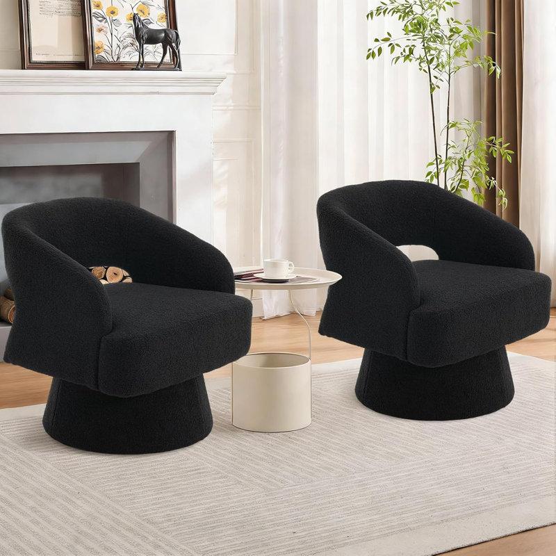 360° Upholstered Swivel Barrel Accent Chair, Modern Armchair, Black Polyester