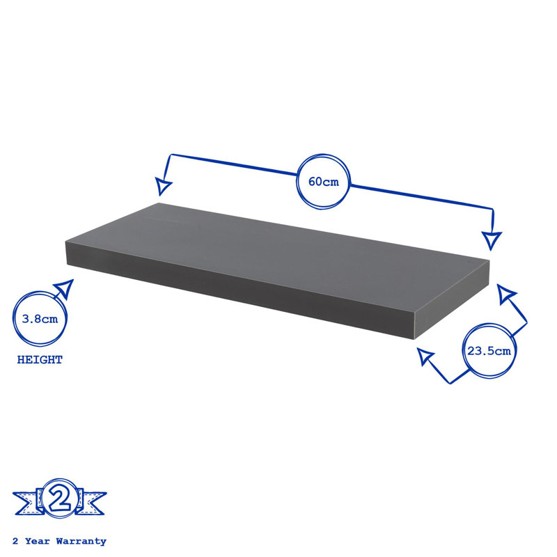 Harbour Housewares - Modern Floating Wall Shelf, Grey, 4cm H x 120cm W x 23.5cm D