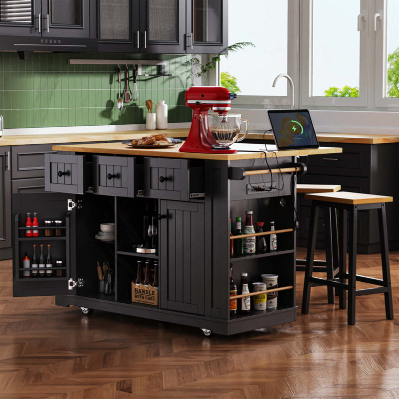 Îlot de cuisine avec abattant, prise de courant, support de rangement interne pour porte, chariot de cuisine sur roulettes sur 5 roulettes avec 5 supports latéraux ouverts pour la cuisine, la salle à manger (sans tabourets de bar)