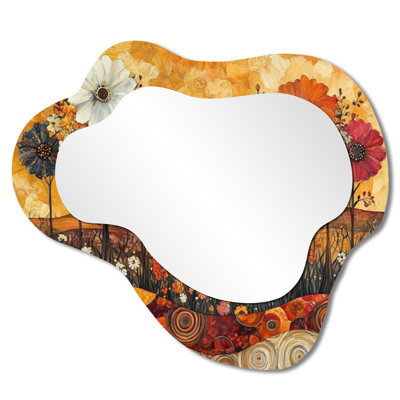 Assortiment de bouquets de fleurs, paysage de grange I - miroir mural asymétrique de campagne, miroir de coiffeuse champêtre, imprimé sur métal