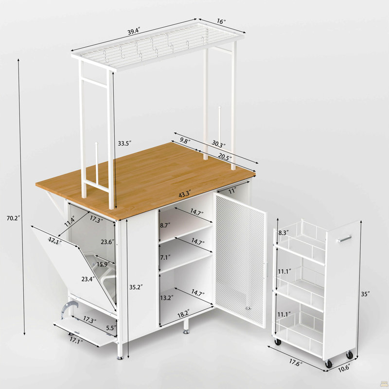 Îlot de cuisine avec espace de rangement, bar avec panneau rabattable pliable