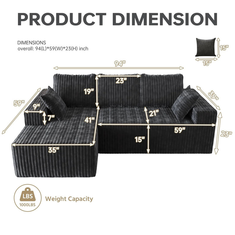 94"cloud Modular Sectional Couch Modern Minimalist Upholstered Couches, Comfort L Shaped Sofa For Living Room, Deep Seat Corner Couch, No Assembly Required