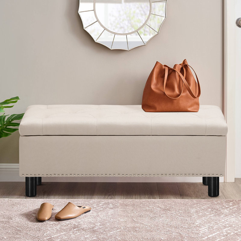 Upholstered Storage Bench, Linen Button-tufted End of Bed Bench for Living Room, Bedroom, Beige