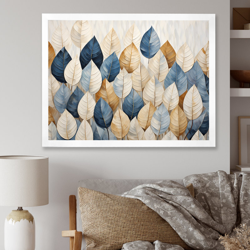 «Beige and Blue Minimalisme Leaves Collage I», art mural pour salon, H 34 po x l 44 po x P 1,5 po, Cadre simple blanc