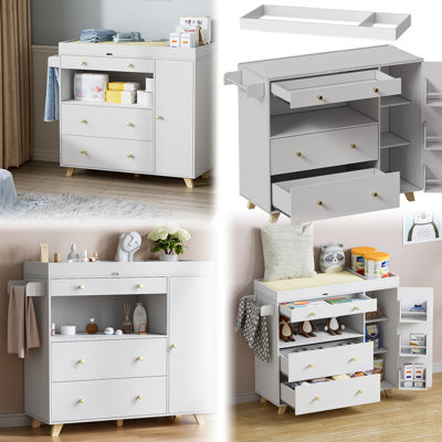 Nursery Dresser With Baby Changing Table, Modern Diaper Changing Station, Dresser For Nursery With 2 Drawers & Shelves, Storage Crib With Changing Table