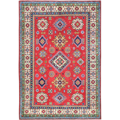 Tapis oriental 4 pi x 6 pi rouge Kazak avec motif géométrique, teintures végétales, noué à la main, tissage plus dense, laine douce et vibrante