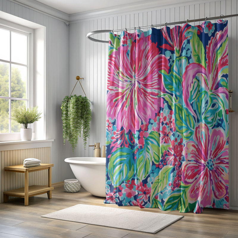 Preppy Pink Florals - 1 Piece Standard Shower Curtain, 74"H x 71"W