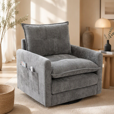Swivel Barrel Chair - Mid Century Modern Chair, Thick Padded Arm Chair with Solid Metal Base, Comfortable Single Sofa Chair, Swivel Accent Chair for L