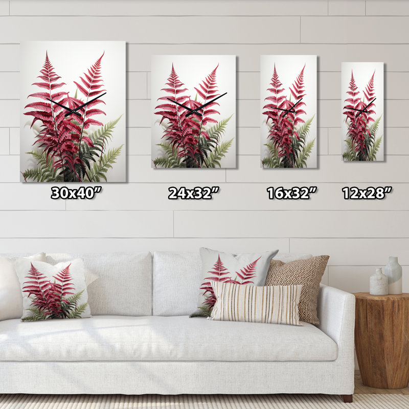 Ferns Ruby Essence I - Floral Wall Clock, 32" H x 24" W x 1" D
