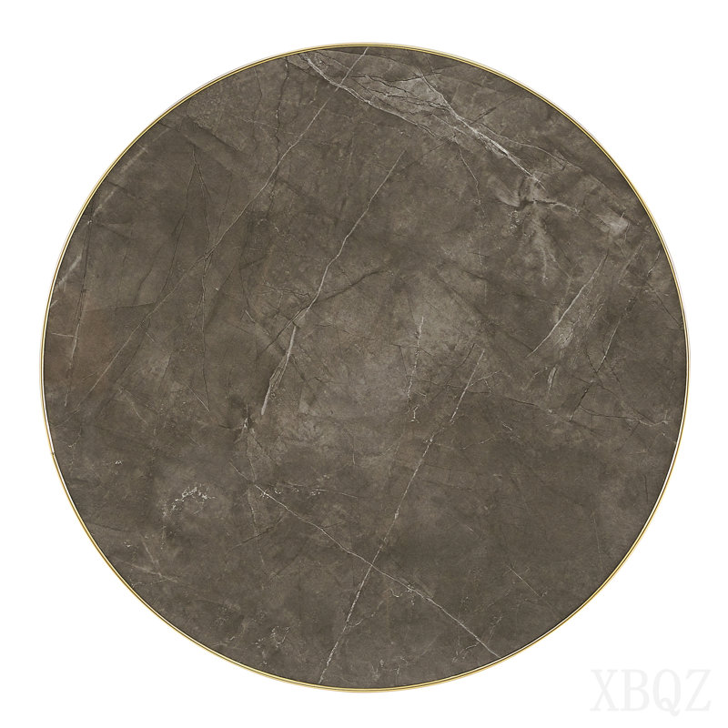 23.6" Round Mdf Sprayed With Uv Paint Countertop, Dark Gray Marble Texture, Gold Stainless Steel Edging, Metal Table Legs, Modern Light Luxury Edge/Coffee Table.