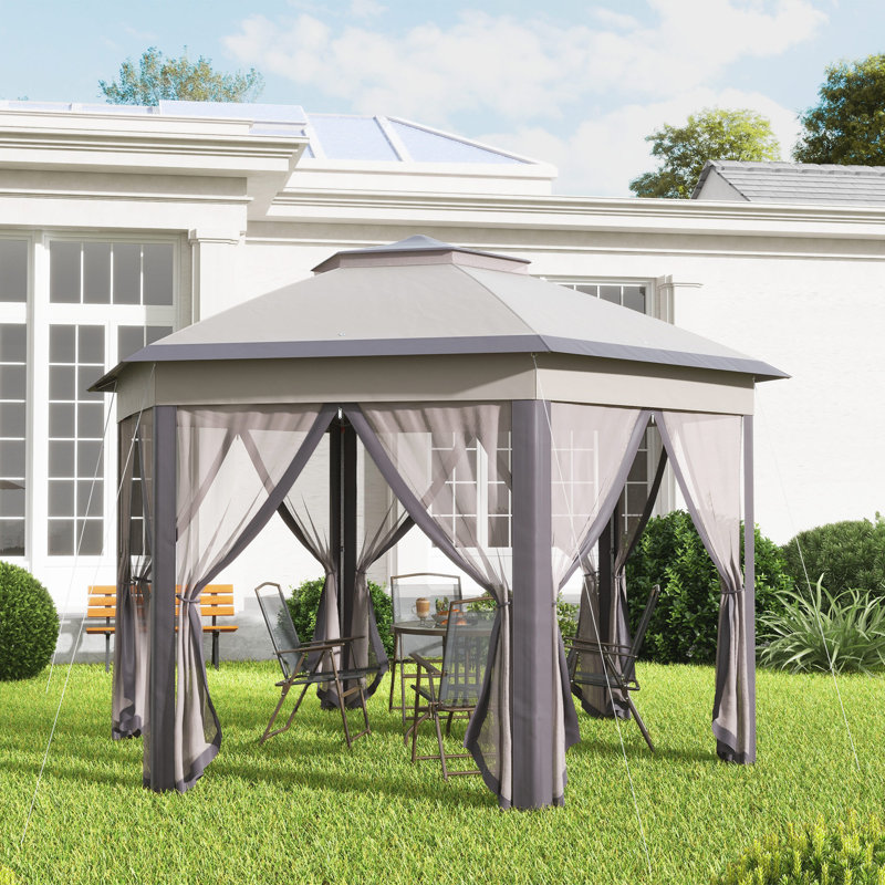 3 X 4m Hexagon Pop Up Gazebo, Double Roof Vented Canopy With Mesh Netting, Powder Coated Metal Frame, Portable Carry Bag, Outdoor Party Shelter For Patio Garden, Beige