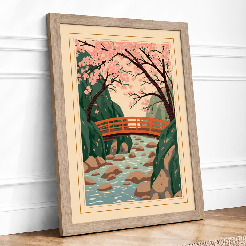 Bridge Over Stream Japandi - Framed Print, Oak, A3 - 42.0 x 29.7 cm