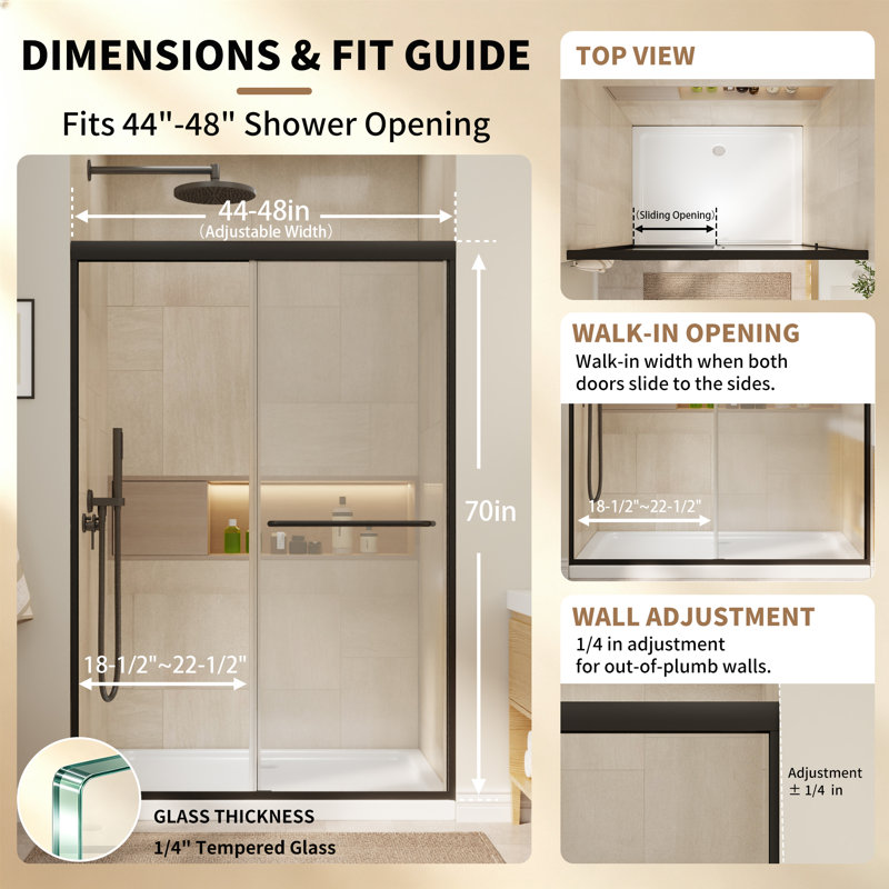 44-48" W x 70" H Framed Double Sliding Shower Door with with 1/4"(6mm) Explosion-Proof Clear Tempered Glass, Matte Black