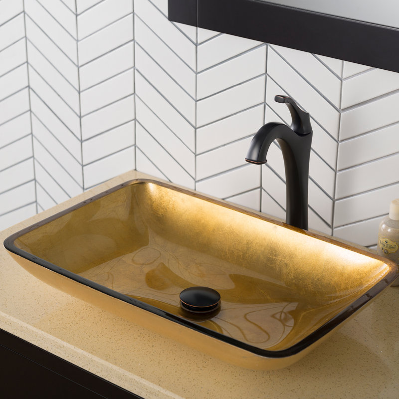 Glass Rectangular Vessel Bathroom Sink with Faucet, Oil Rubbed Bronze, Gold