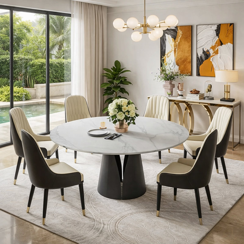 Table de salle à manger 59 po Vera, H 29,53 po x L 59,06 po x l 59,06 po, Blanc mat, Noir