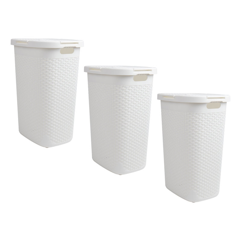  Panier à linge mince 40 L, panier à linge, couvercle, design en osier, plastique, ensemble de 3, Blanc
