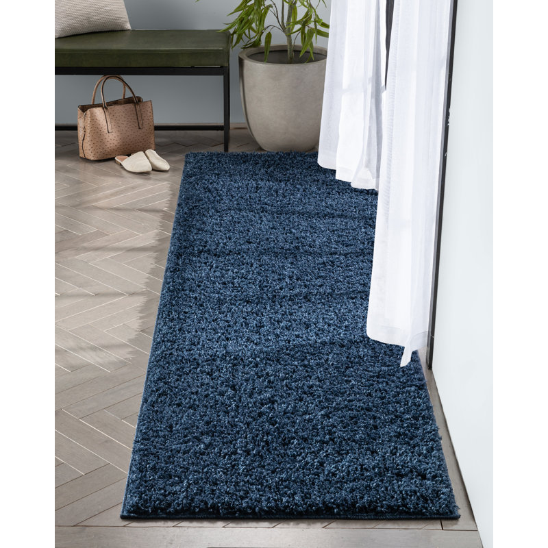 Berte Modern Solid Dark Blue Textured Shag Rug, Runner 2'7" x 9'6"