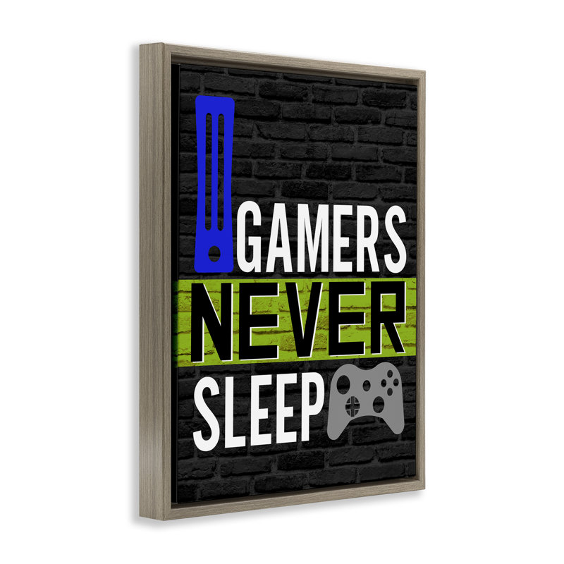 «Gamers Never Sleep», art mural encadré sur toile flottante par Kim Allen, Cadre flottant orme Montalcino, H 31 po x l 25 po
