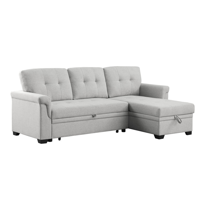 Canapé-lit modulaire réversible en lin 84 po avec rangement, Lin gris pâle, Orienté à droite, Noir
