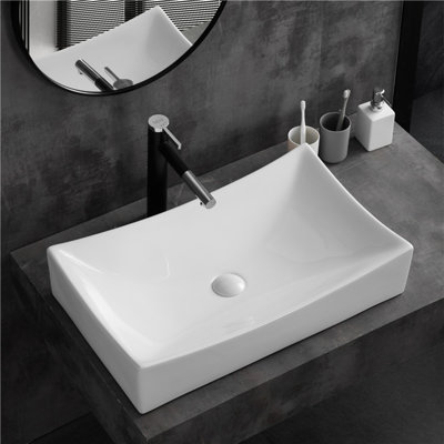 Yingze 25.5" Large Rectangular Vessel Sink, Modern Above Counter Bathroom Basin, Premium Ceramic Porcelain, Glossy White