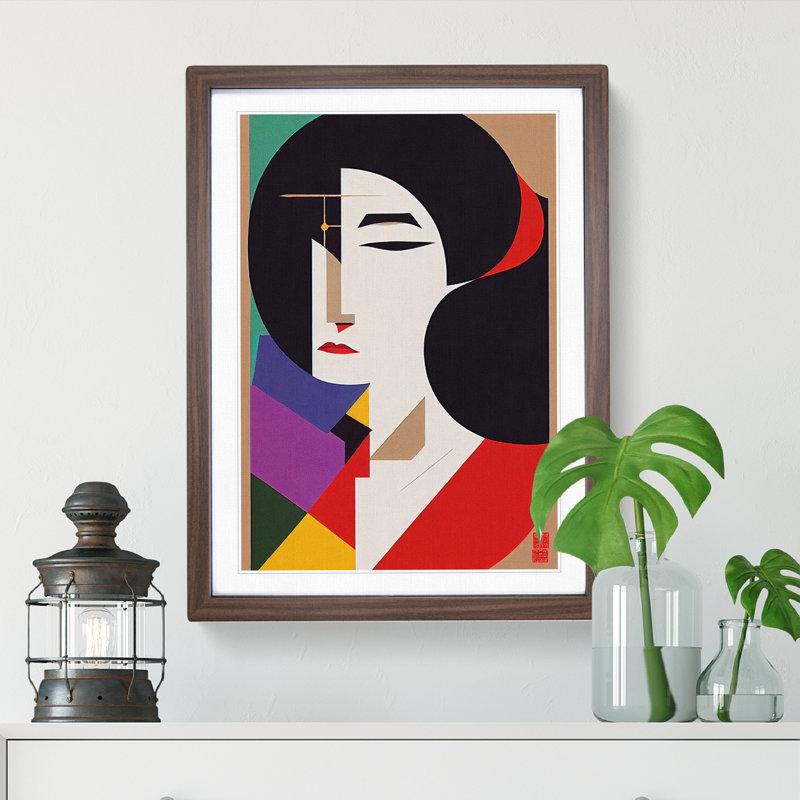 XV1022-4271X Sublime Abstract Geisha - Print, Walnut Framed Paper, White, 66cm H x 48cm W