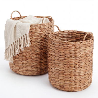 2-Pack Handwoven Water Hyacinth Nesting Storage Baskets with Handles, Built-in Metal Frame, Cylindrical Multi-Purpose Wicker Organizer for Plant Holders, Laundry, Blankets, Living Room, Bedroom, Bathroom, Entryway