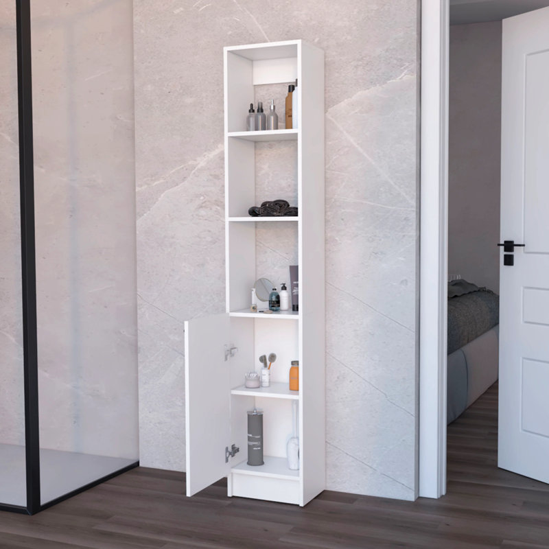 Armoire à linge moderne pour salle de bain - 1 porte, 5 tablettes avec porte, Blanc