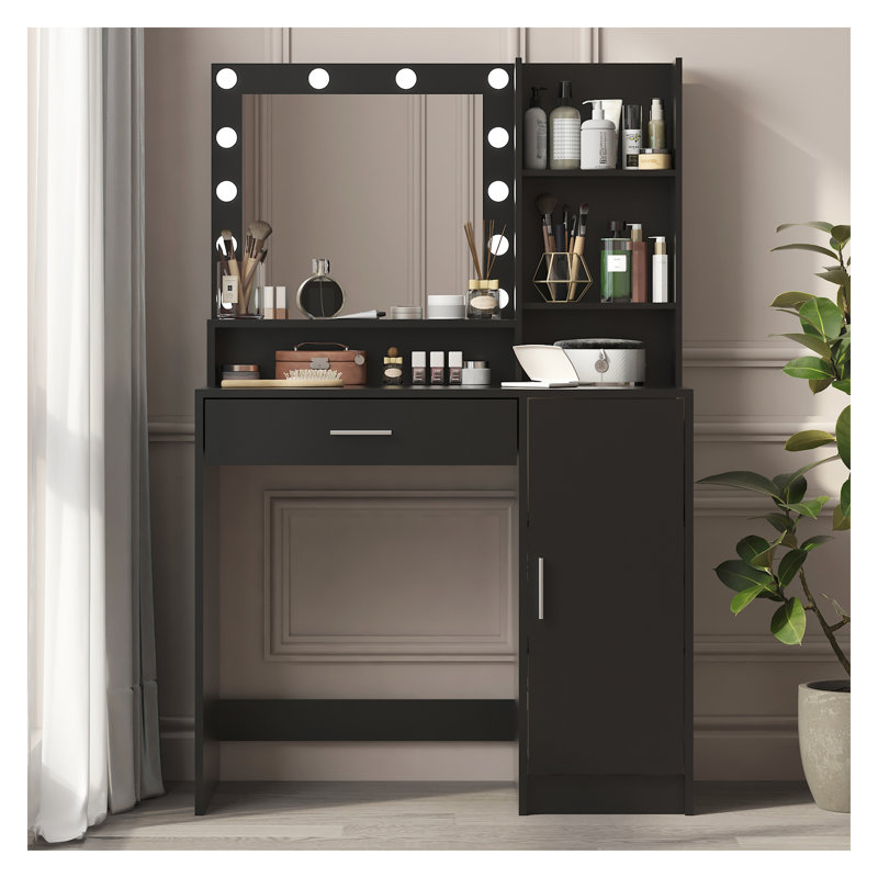Bureau de coiffeuse noir avec miroir et lumière - coiffeuse de maquillage avec 3 modes d'éclairage réglables, coiffeuse de chambre à coucher avec grand tiroir de rangement