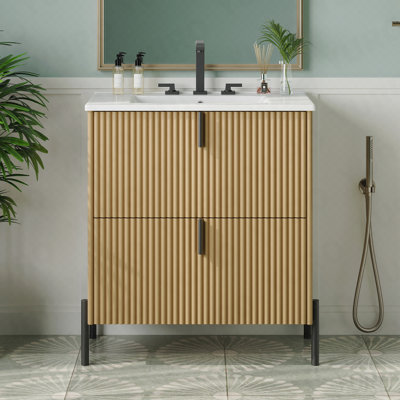 30" Bathroom Vanity With Ceramic Sink, Equipped With Vertical Pulls And Full-Extension Drawers, Freestanding Bathroom Vanity With Soft Close Drawer Slides, Fluted Design, Natural