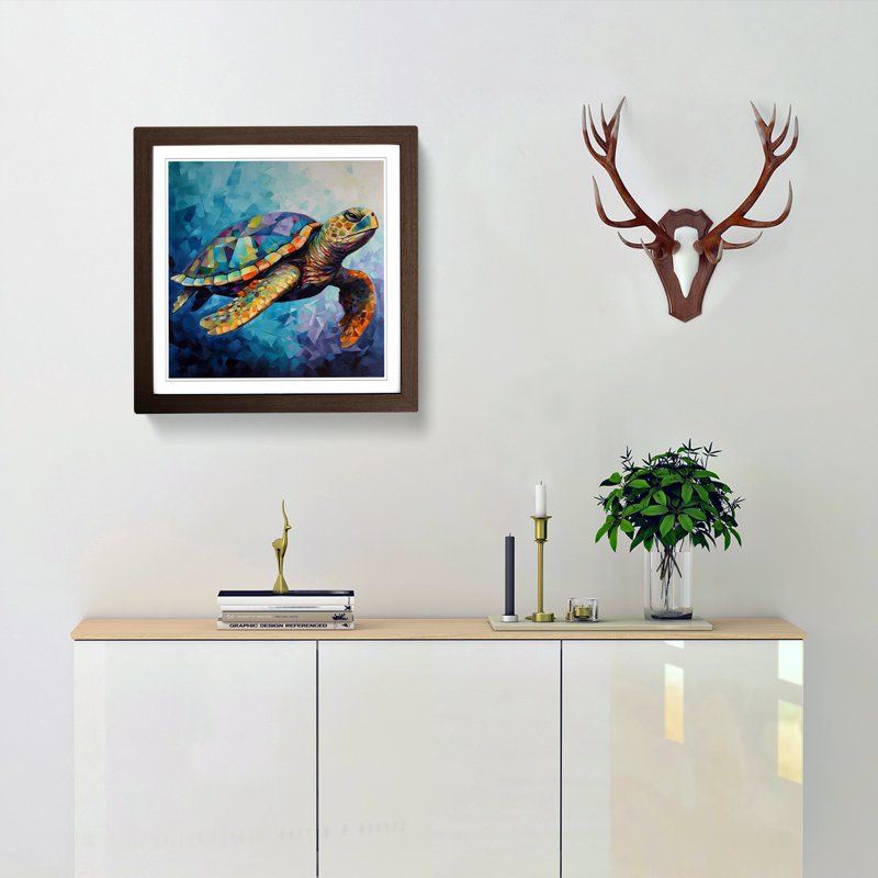 Sea Turtle Cubism No.1 - Single Picture Frame Print on Wood, Walnut